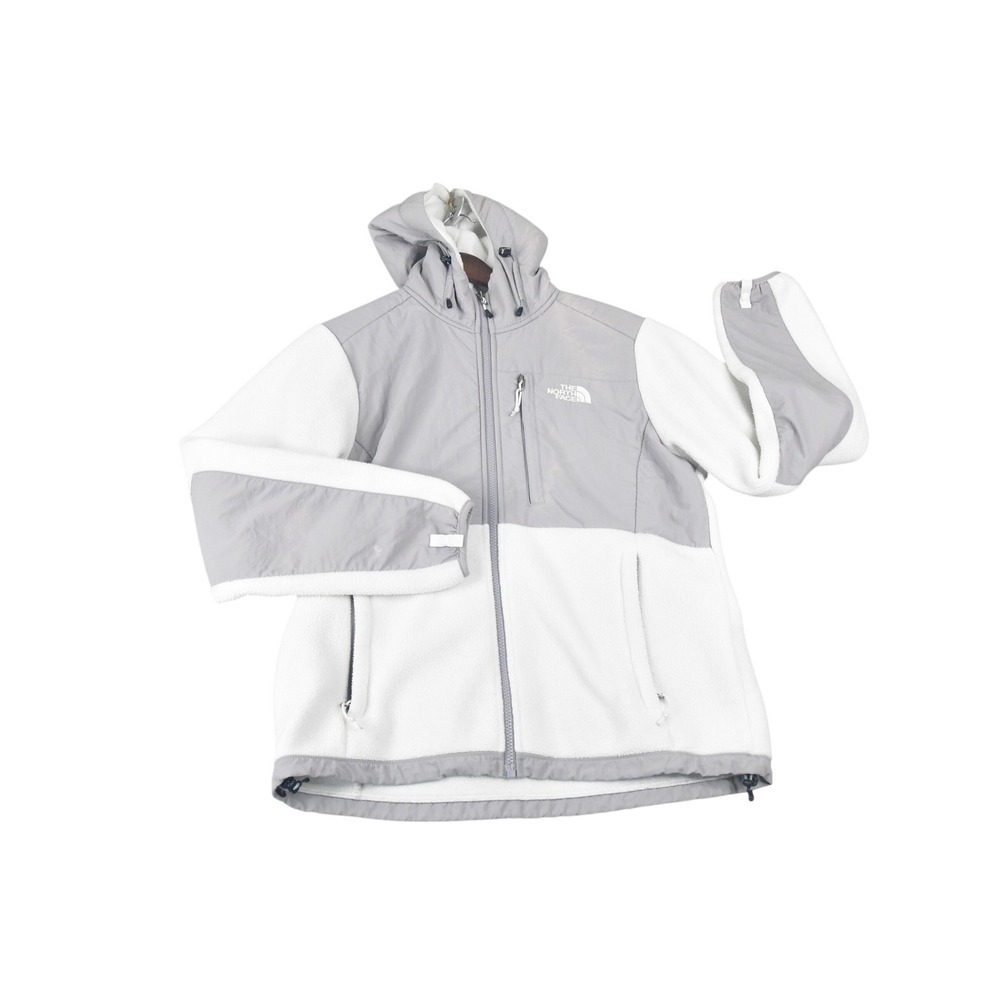 The North Face Denali Hooded Jacket Women M White Grey Good Polartec Fleece